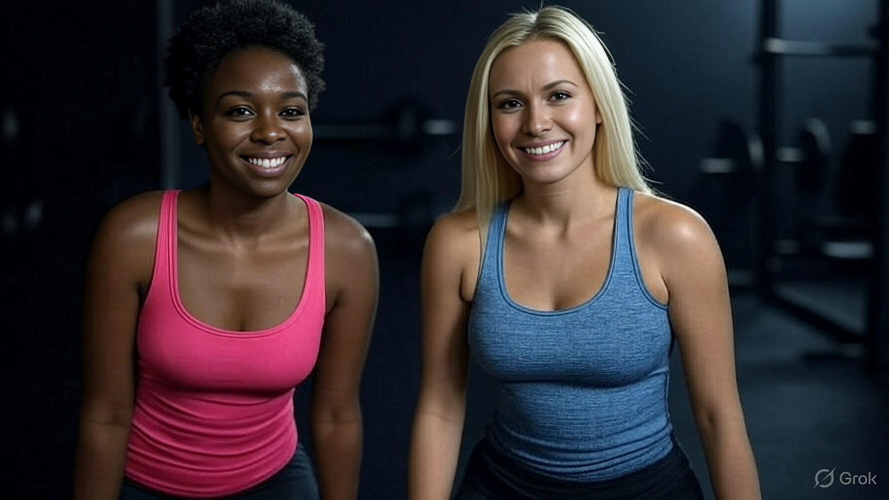 Two happy women in workout clothes smiling together in a comfortable home setting